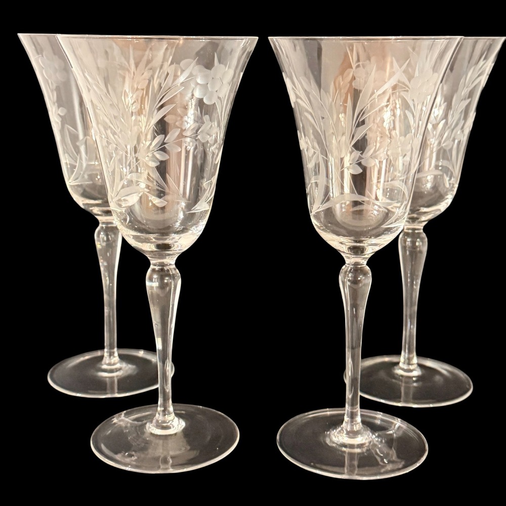 Vintage Floral Etched Crystal Wine Glasses Set of 4 Gray Cut Stemware 8.25in